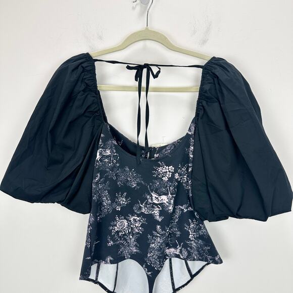 Free People Prarie Rose Puff Sleeve Bodysuit Black Coquette Romantic Large NWT - Picture 10 of 13